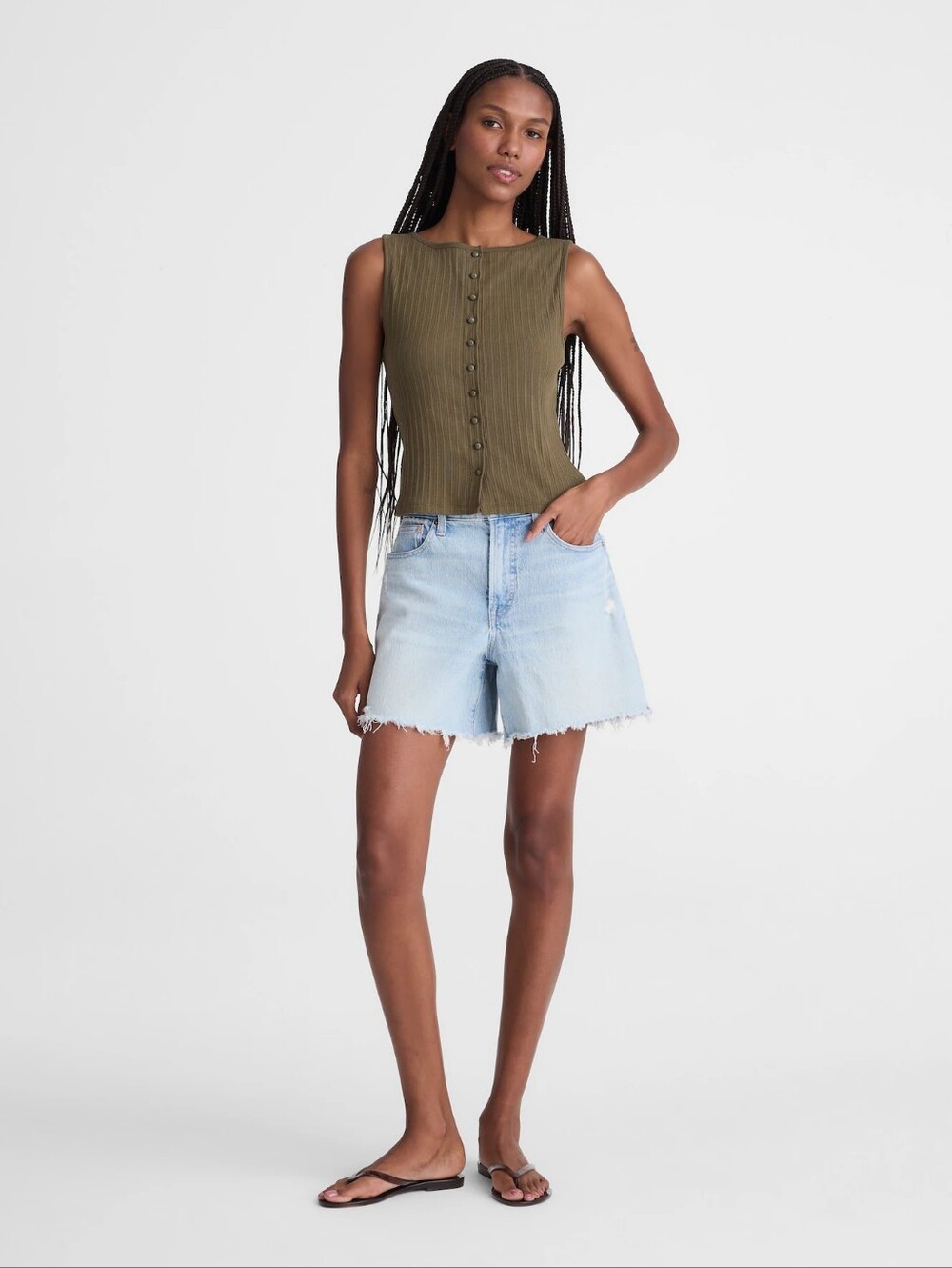 Madewell Olive Green Ribbed Button-Front Tank - Picture 2 of 5